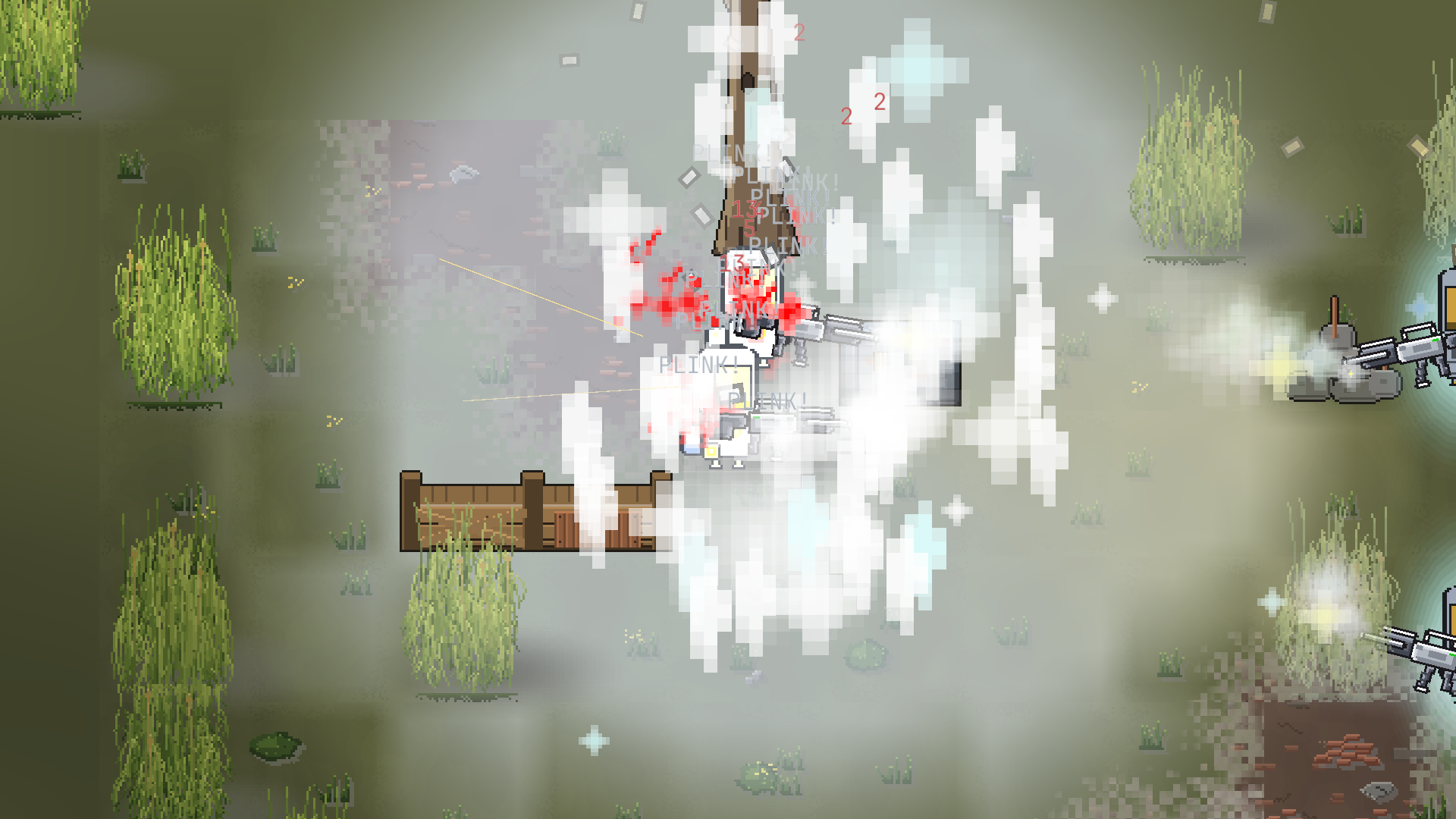 Armed players fight beside a tree and a wooden crate in tall grass, with a white and cyan burst and blood at the centre.