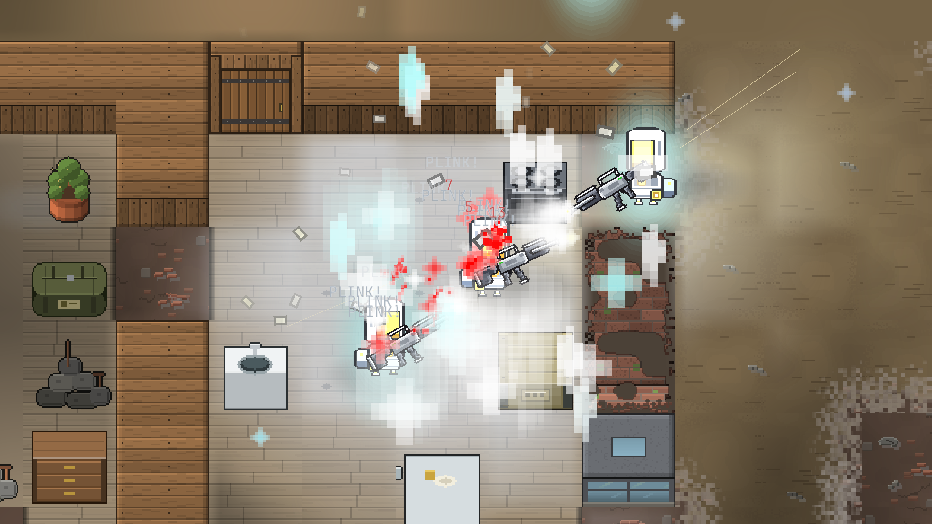 Armed players fight inside a wooden house near a stove, with a white and cyan burst and blood on the floor.