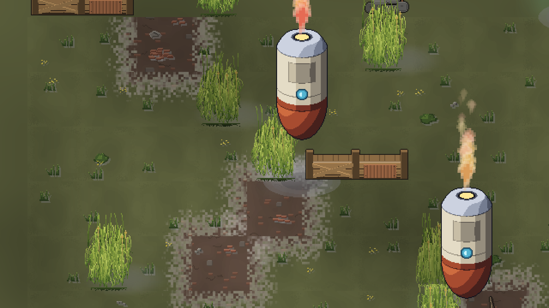 Two arrival capsules fall into a grass field above a wooden fence, one with its flame lit above it, the other at the lower right.