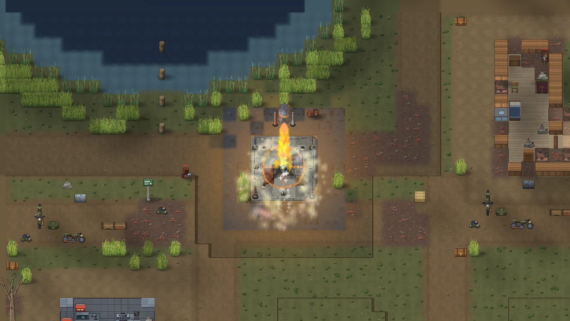 A rocket pod lifts off an extraction pad in a flame column and a cloud of tan dust.