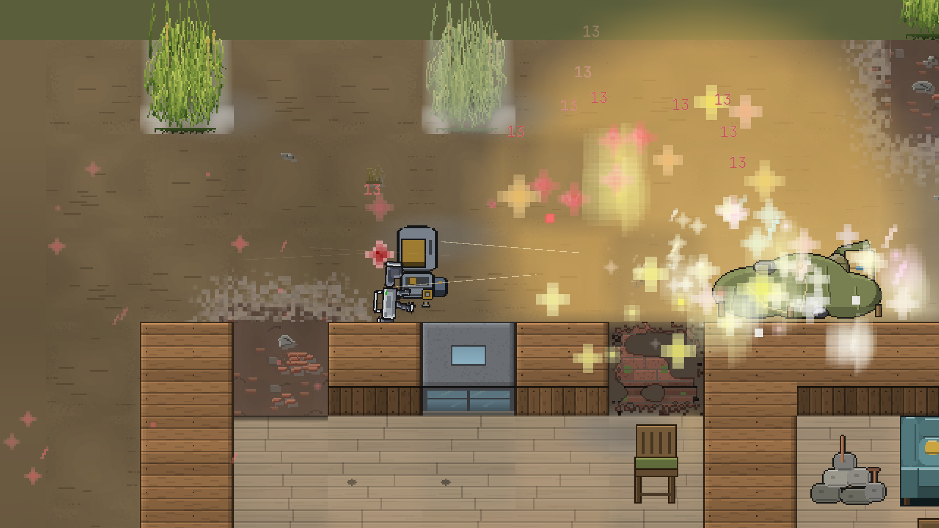 A player with a rifle stands outside a wooden building as a yellow grenade blast with sparks and red damage numbers bursts on a green tarp.