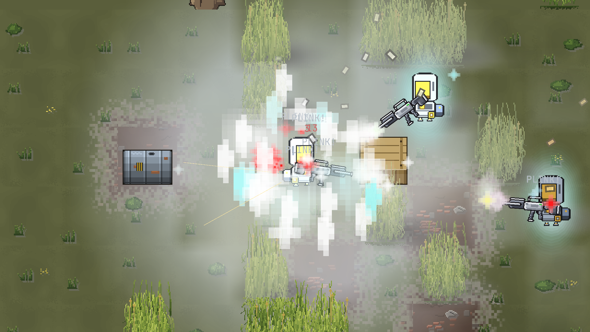Armed players fight in tall grass around a metal crate and a wooden crate, with a white and cyan burst and blood at the centre.